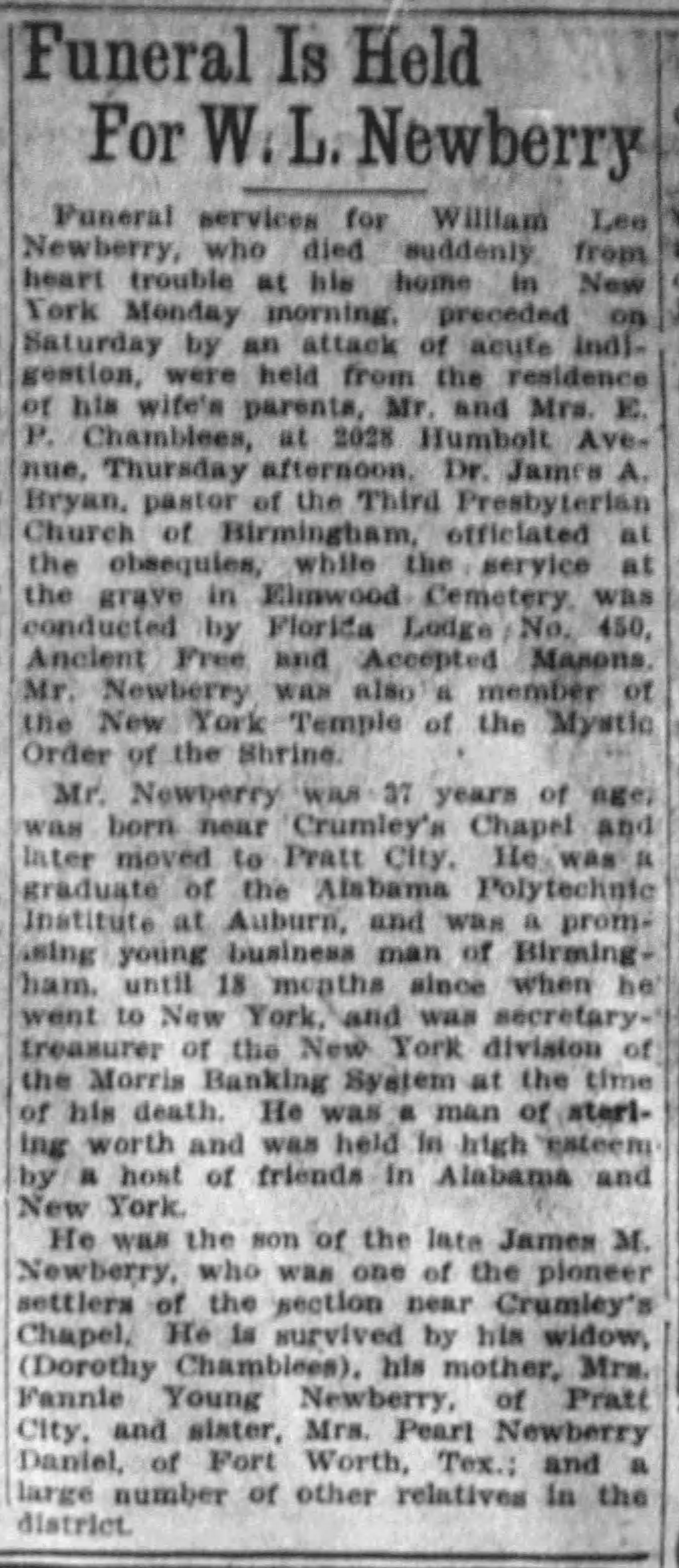 Funeral Is Held for W.L Newberry